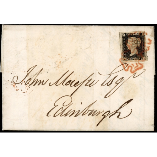 46 - PLATE 1a NI with large margins, tied to 25 June 1841 EL from London to Edinburgh, cancelled contrary... 