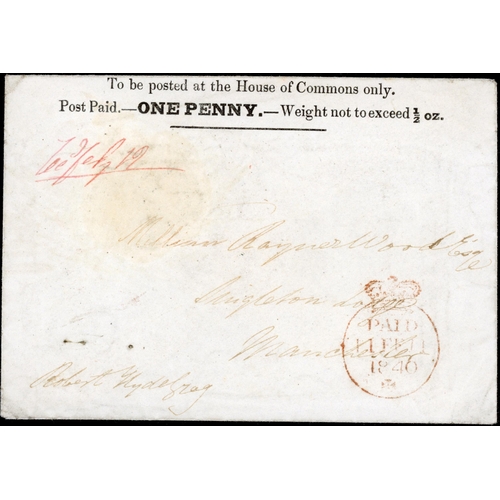 5 - HOUSE OF COMMONS 1d ENVELOPE - USED TO MANCHESTER: 11 Feb. 1840 usage of the 
