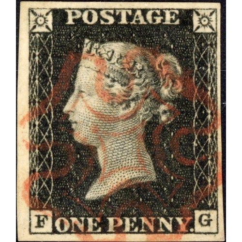 50 - PLATE 1a FG neatly cancelled with a red MX leaving corner letters clear. Fine.
