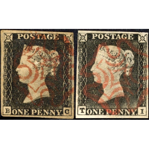 51 - PLATE 1a BC & TI with red MX cancellations, close to good margins. Sound. (2)