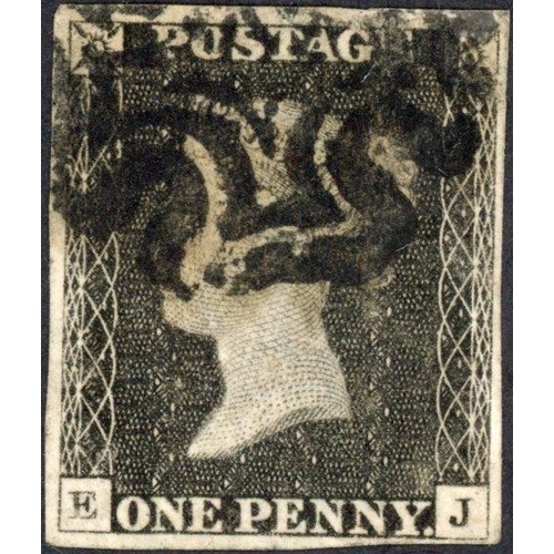 55 - ** PLATE 1a EJ cancelled with a black MX leaving corner letters clear. Three good margins, close but... 