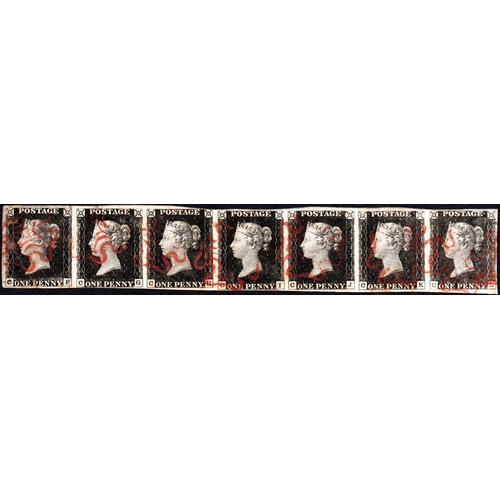 58 - PLATE 1b CF-CL: Magnificent strip of seven, each cancelled by fine, deep red MX. Good margins all ro... 