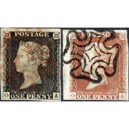 62 - PLATE 1b OA - RE-ENTRY - MATCHED IN RED a four margined neatly cancelled with a red MX leaving corne... 