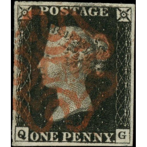 67 - PLATE 1b QG: Very fine used 4 margin example, neatly cancelled by fine red MX. Very attractive.