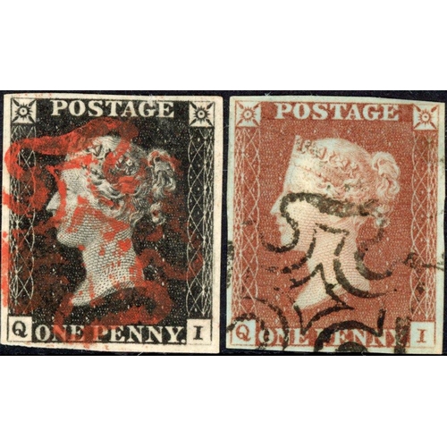 69 - PLATE 1b QI with central red MX leaving corner letters clear, matched in red. Fine examples. (2)