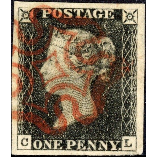73 - PLATE 1b CL - RE-ENTRY with four `wide margins, neatly cancelled with a red MX, clearly showing the ... 