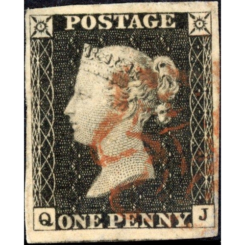96 - PLATE 2 QJ:A four margined example cancelled with a red MX leaving profile and corner letters clear.... 