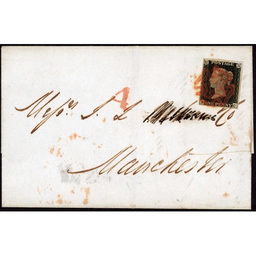 85 - PLATE 2 BC INTENSE BLACK - USED ON RAILWAY COVER: 27 August 1840 E from Liverpool to Manchester tied... 