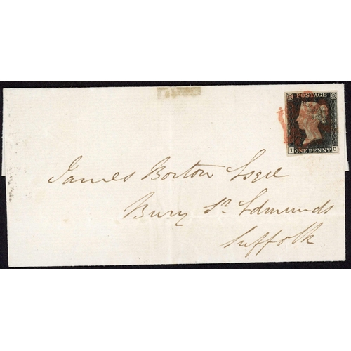 90 - PLATE 2 IC used on 19 July 1840 E from Fakenham to Bury St Edmunds, tied by a clear red MX. A fine f... 