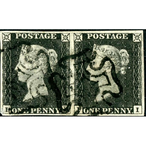 87 - PLATE 2 IH-II a four margins horizontal pair cancelled with two strikes of a black MX. Fine. SG £1,2... 
