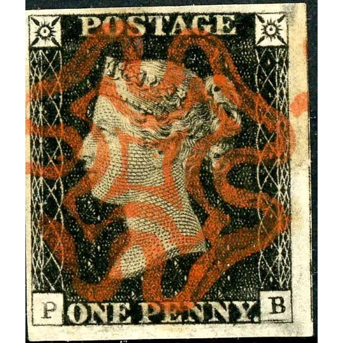 89 - PLATE 2 PB with central red MX leaving corner letters clear. Wide margins. Exceptional.