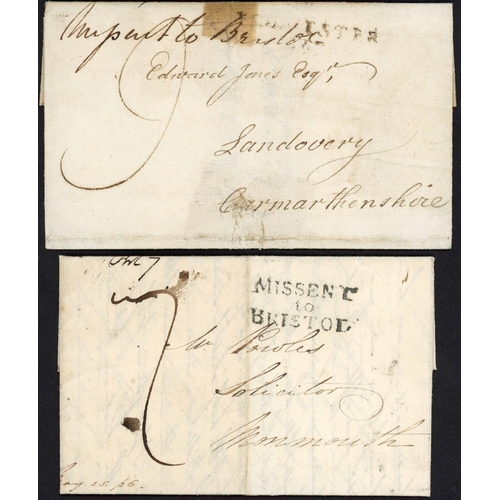 1110 - ** 1802-57 MISSENT TO BRISTOL - DIFFERENT EXAMPLES: 1802 EL Worcester to Llandovery with ms. 