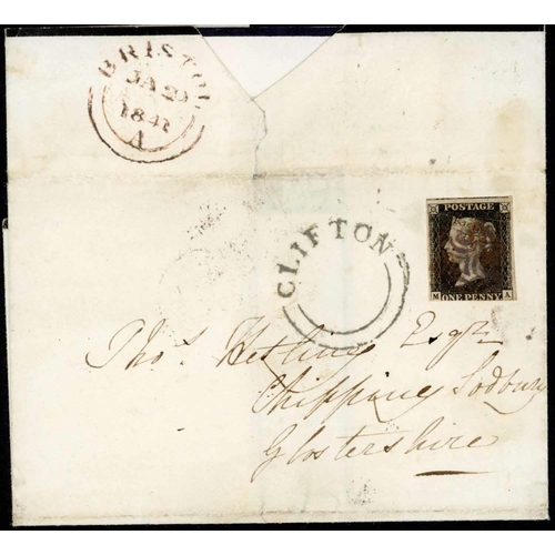 1112 - ** 1d BLACK COVER CLIFTON, BRISTOL:  20 Jan 1841 E to Chipping Sodbury with three margin unplated 1d... 