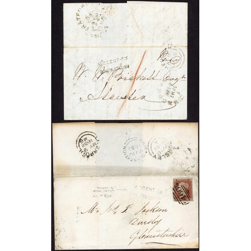 1113 - ** MISSENT-TO BRISTOL STATION HAND STAMP: Pair inc. 1848 EL Redditch to Alcester with ms. red 1 and ... 