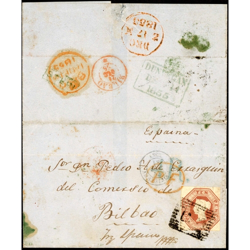 1203 - ISLE OF SKYE - RARE USE OF 10d EMBOSSED IN ISLAND P.O.: 14 Dec. 1855 E from Stein to Bilbao via Cala... 