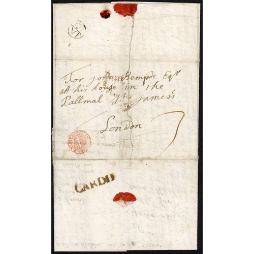 1220 - FIRST TYPE CARDIF HS ON PAIR: c.1708 small E addressed to The Right Honble S Thos Mansel Bart at his... 