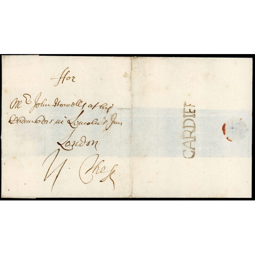 1222 - UNCOMMON CARDIFF HS ON MAIL TO LONDON: c.1728 E to London with v. fine CARDIFF hs (W480) recorded us... 