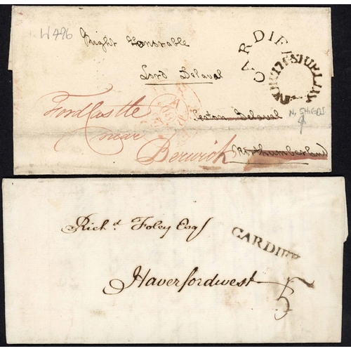 1223 - CARDIFF EARLY STRAIGHT LINE, SERPENTINE AND HORSESHOE HAND STAMPS: 1765-97 group with 1765-9 trio EL... 