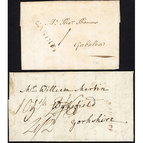 1225 - STRAIGHT LINE CARDIFF HAND STAMPS ON LOCAL/YORKSHIRE MAILS: 1785 EL Lantwit(sic) to Gabalva with goo... 