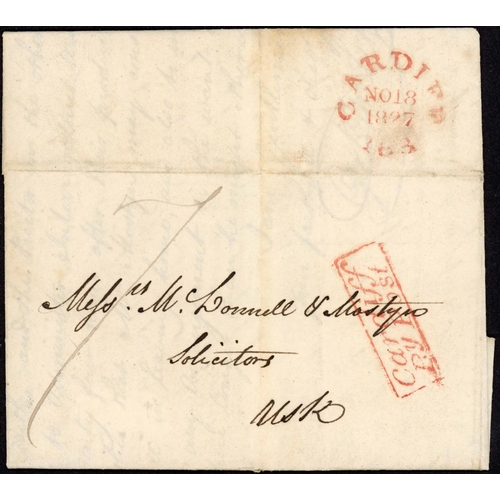 1230 - CARDIFF PENNY POST HAND STAMP: 1827-38 group inc. 1827 pair EL to Usk or Newport with v. fine red Ca... 