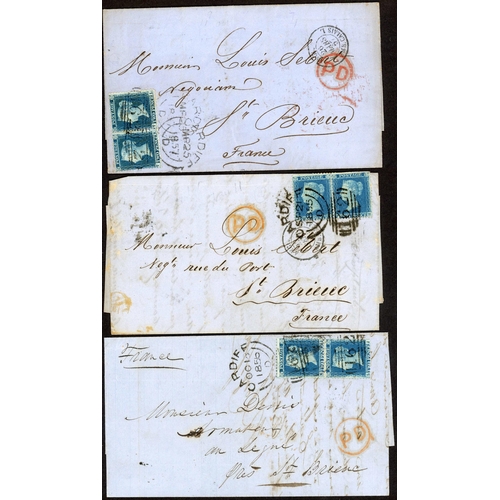 1235 - CARDIFF - OVERSEAS DESTINATION MAILS: 1855-1867 line engraved group to overseas inc. 1855-57 trio EL... 