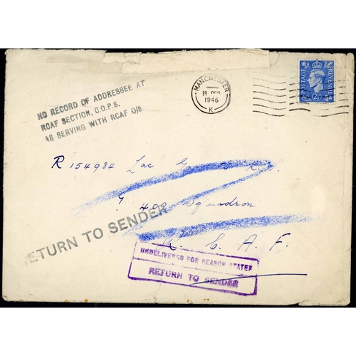 209 - WWII RAF RETURNED TO SENDER MAIL: Small group of covers to or from GB with a variety of RTS marks, i... 