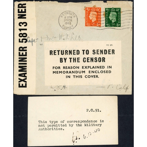 213 - RETURNED TO SENDER BY CENSOR: Quartet of 1940-42 covers returned to sender, inc. 1940 env. To San Di... 