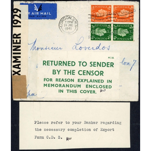 213 - RETURNED TO SENDER BY CENSOR: Quartet of 1940-42 covers returned to sender, inc. 1940 env. To San Di... 