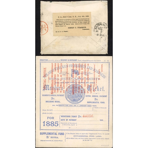 227 - SHIP WRECK MAIL - SS OREGON TYPE 4A LABEL; 1886 env. (opened to display, stamp floated off) to Brook... 