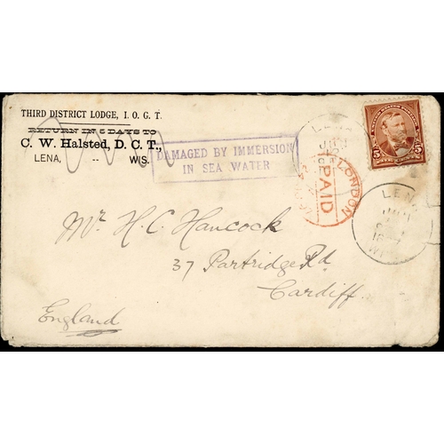 228 - SHIP WRECK MAIL - SS ST PAUL - DAMAGED BY IMMERSION IN SEA WATER: 1897 (1 Jun.) env. Lena WI to Card... 