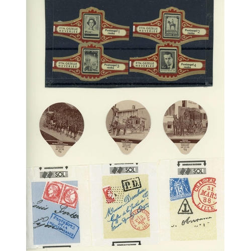 242 - BELGIUM/FRANCE/SWITZERLAND - POSTAL HISTORY/STAMP-THEMED CIGAR LABELS + SUGAR WRAPPERS + CREAM LIDS;... 