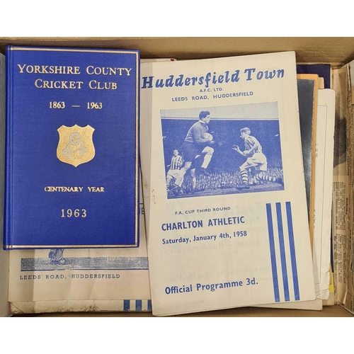 245 - CRICKET & FOOTBALL SOUVENIRS & MEMORABILIA: A small box containing, programmes, score cards, souveni... 