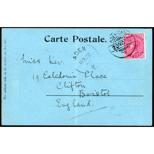 268 - INDIA USED IN ADEN MILITARY TO CLIFTON, BRISTOL: 1902 blue PPC Entrance to Harbour (light vert. fold... 