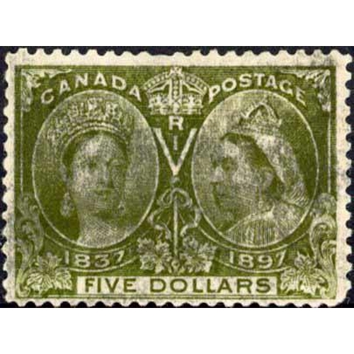 346 - 1897 JUBILEE $5 OLIVE-GREEN USED: Used with a small thin not visible from the front and a blunt corn... 