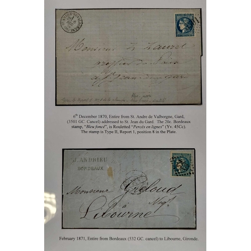 402 - BORDEAUX ISSUE: Study of the 1870-71 Bordeaux stamp issue 1c to 80c, mainly fine used in two FG albu... 