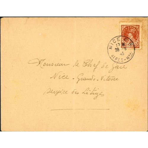 421 - WWII FRENCH RESISTANCE FORGERY: Forgery produced locally, 1f.50 brown depicting De Gaulle. Single un... 