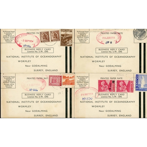 468 - RARE OCEANOGRAPHY INSTITUTE DRIFT-CARDS LANDED IN ICELAND, GLASGOW/BERGEN PAQUEBOTS, ETC: 1954 quart... 