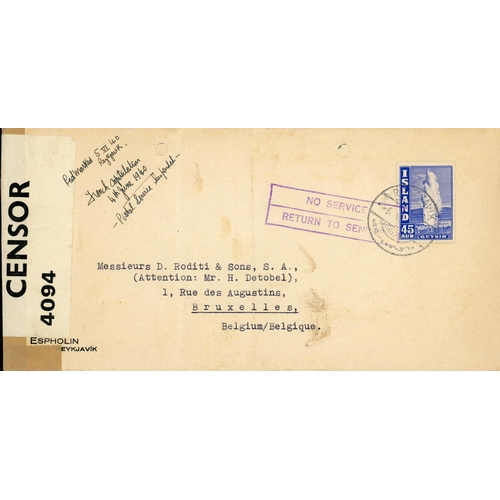 469 - WWII - 'SERVICE SUSPENDED' COVER TO BELGIUM RETURNED TO ICELAND FROM G.B.; Unusual 5 June 1940 long ... 