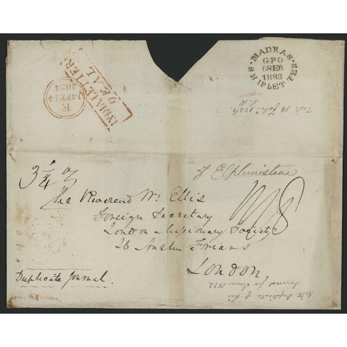 486 - DEAL INDIA LETTER IN RED ON RARE ABOVE 3oz WEIGHT COVER FROM MADRAS; 6 Sept. 1833 large E (some crea... 