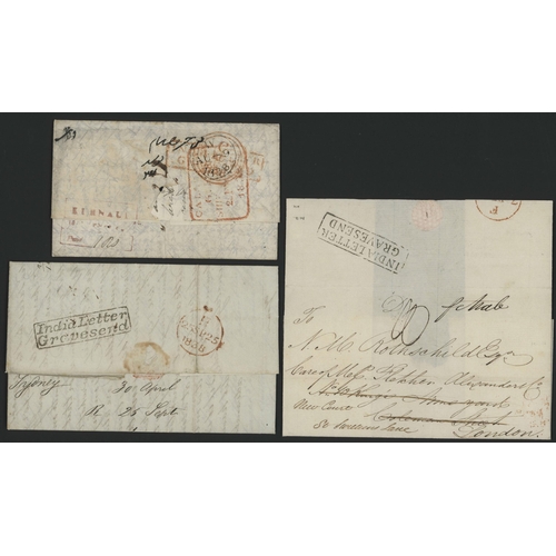 488 - GRAVESEND INDIA LETTERS GROUP - BLACK OR RED - EX BOMBAY, CALCUTTA, KURNAUL OR SYDNEY; 1824/26/32 tr... 