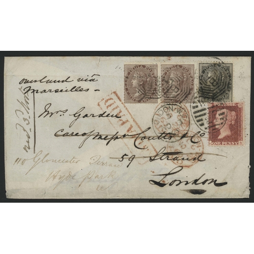 508 - G.B. 1d RED STARS REDIRECTING 6as FRANKED COVER EX CALCUTTA WITHIN LONDON; Attractive 22 Sept. 1860 ... 