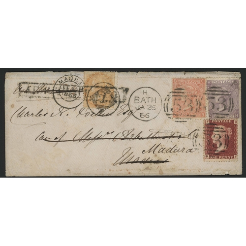 509 - RARE G.B. 3-COLOUR FRANKING (4d+6d+1d) COVER REDIRECTED FROM MADRAS WITH INDIA 2as ORANGE; Colourful... 