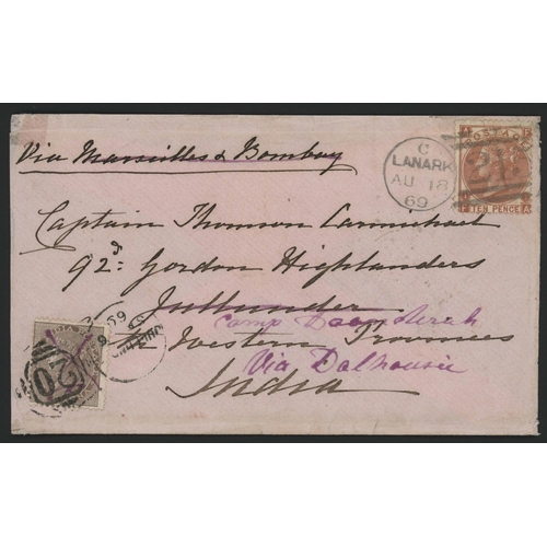 510 - RARE G.B. 10d RED-BROWN OFFICER's RATE COVER TO JULLUNDUR REDIRECTED WITH INDIA 1a BROWN; Attractive... 