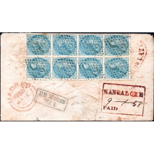 515 - SPECTACULAR 4as-RATE COVER EX BANGALORE TO G.B. WITH INDIA QV 1856 ½a BLUE BLOCK OF EIGHT; Impressiv... 