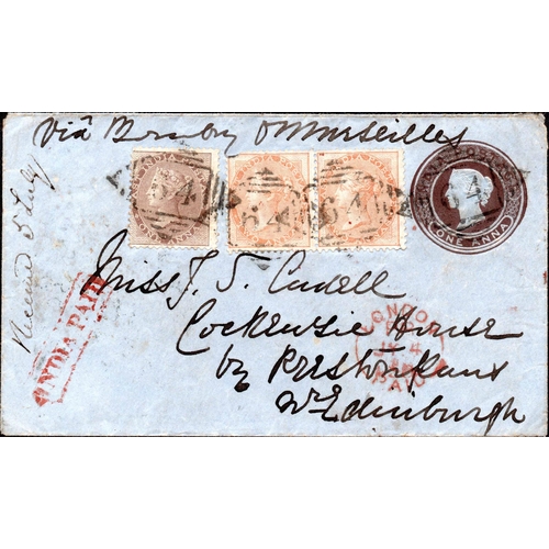 516 - DELHI - EARLY UPRATED 1a POSTAL STATIONERY 6as-RATE ENVELOPE TO G.B. VIA FRANCE; Attractive 27 May 1... 