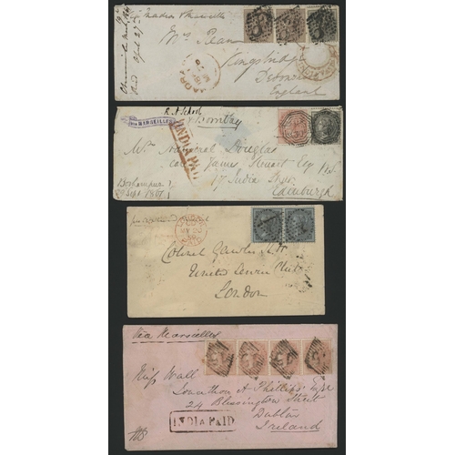 517 - EARLY PERF. INDIA QV FRANKING COVERS TO G.B. WITH VARIED RATES, CANCELS & ORIGINS; 1859-62 covers (s... 