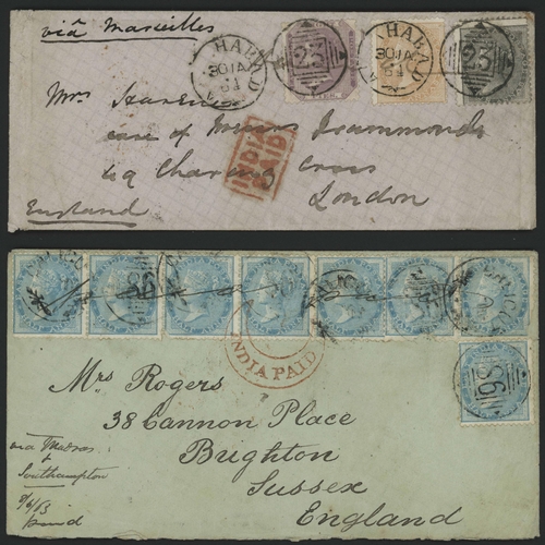 519 - 3-COLOUR OR MULTIPLE FRANKING COVERS VIA MARSEILLES (3) OR VIA SOUTHAMPTON; Attractive 1863 4as-rate... 