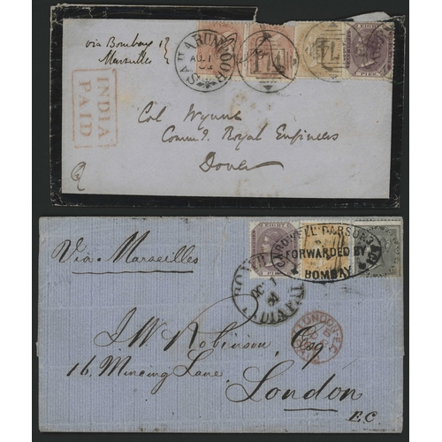 519 - 3-COLOUR OR MULTIPLE FRANKING COVERS VIA MARSEILLES (3) OR VIA SOUTHAMPTON; Attractive 1863 4as-rate... 