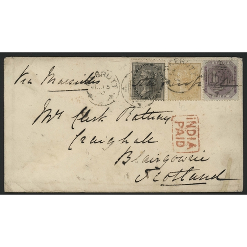 520 - RARE ON-COVER USAGE OF 1860 8pi ON BLUISH PAPER WITH 2as & 4as (6as 8pi RATE VIA FRANCE) EX MEERUT; ... 