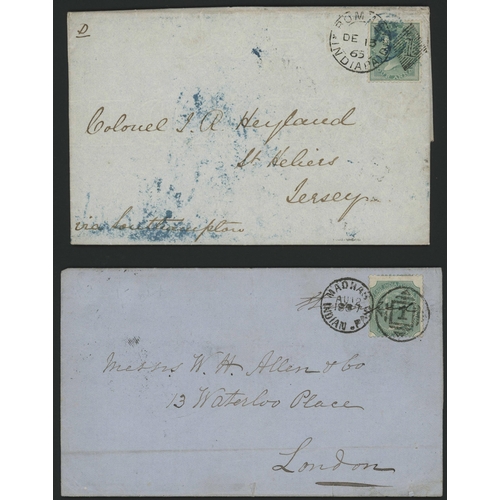 523 - LATER QV SINGLE FRANKING COVERS VIA SOUTHAMPTON, MARSEILLES OR BRINDISI; 1865-1902 lot inc. 1865/7 p... 